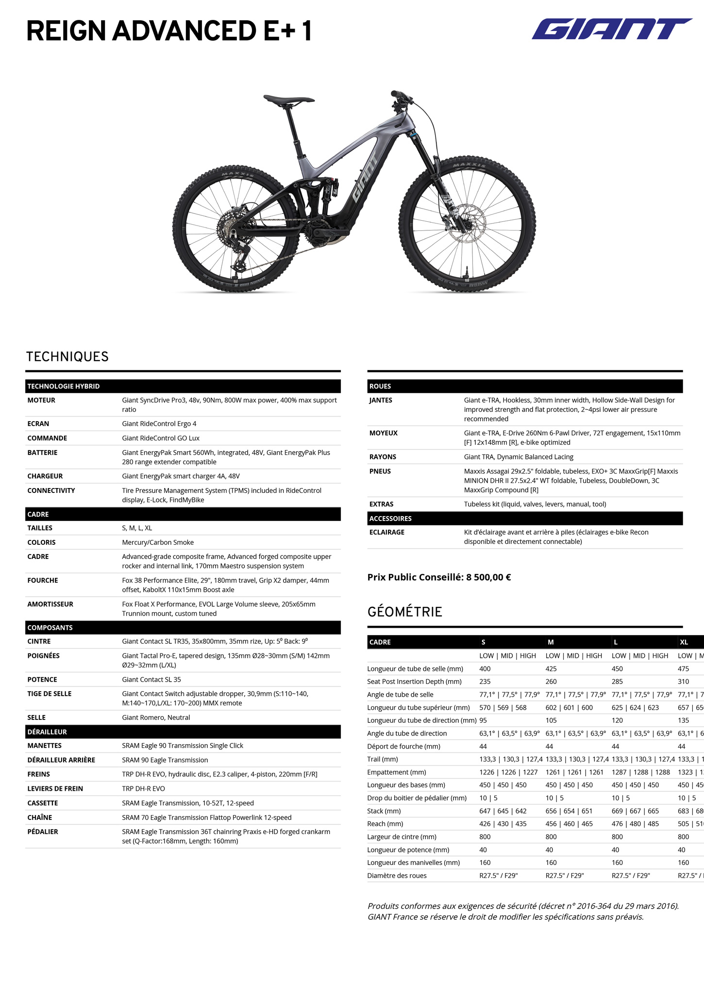 Fiche technique du velo électrique Reign Advanced E+1  année 2026